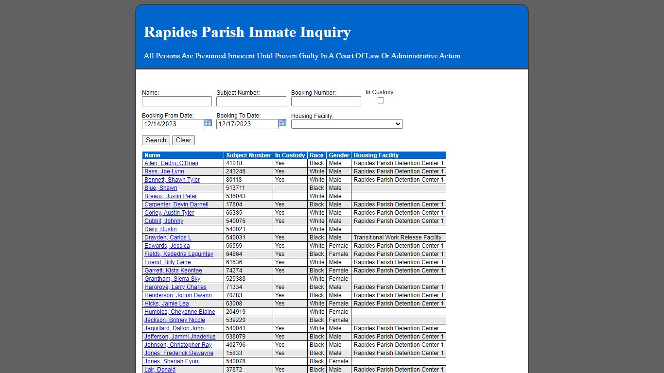 Rapides Parish Inmate Inquiry - 12.189.45.22