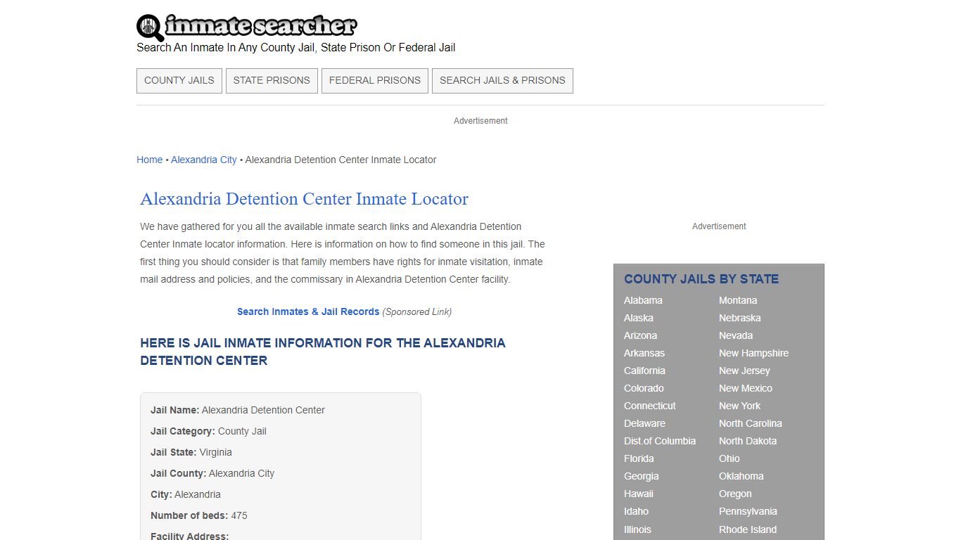 Alexandria Detention Center Inmate Locator - Inmate Searcher